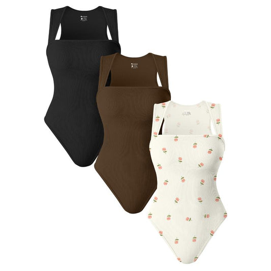 Final 3 Hours: 40% OFF🔥3 Piece Bodysuits For Women Sexy Ribbed Strappy Square Neck Stretch Tank Tops Bodysuits