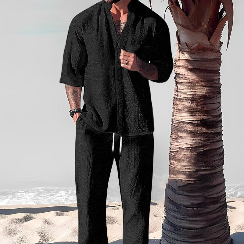 Fashionable Men's Two-Piece Set Made From Cotton Linen: Top & Trousers
